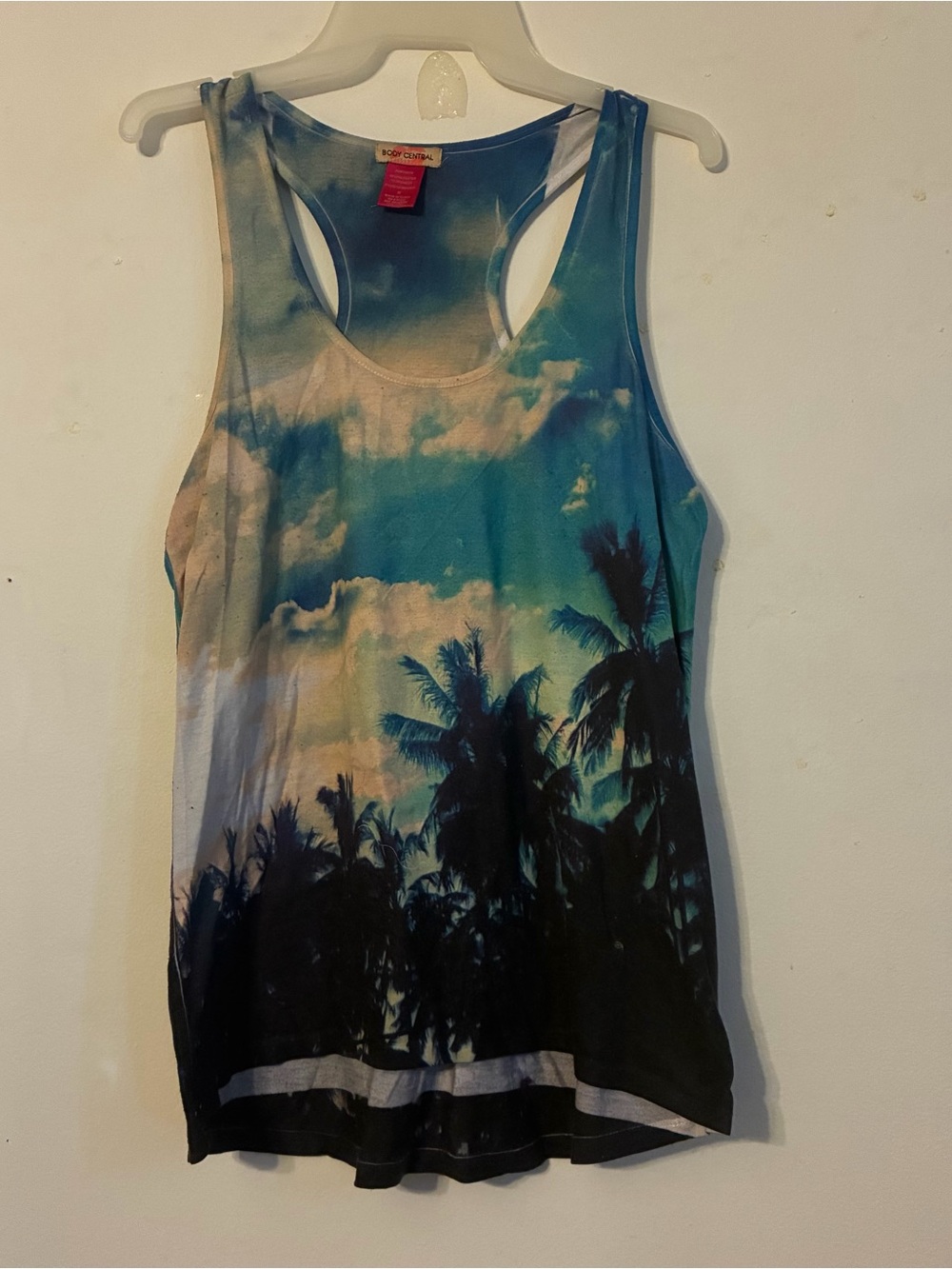 Body Central M  Tie-Dye Palm Tree Racerback Tank Top - Blue/Black